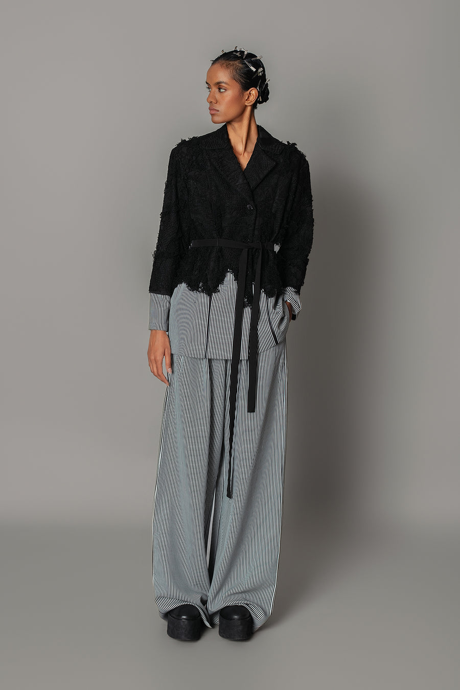 Black Map with Strips Coat Set