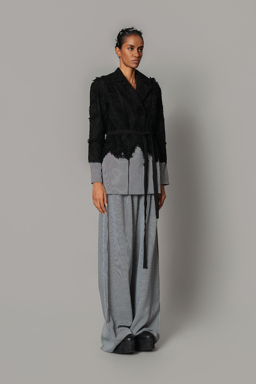 Black Map with Strips Coat Set