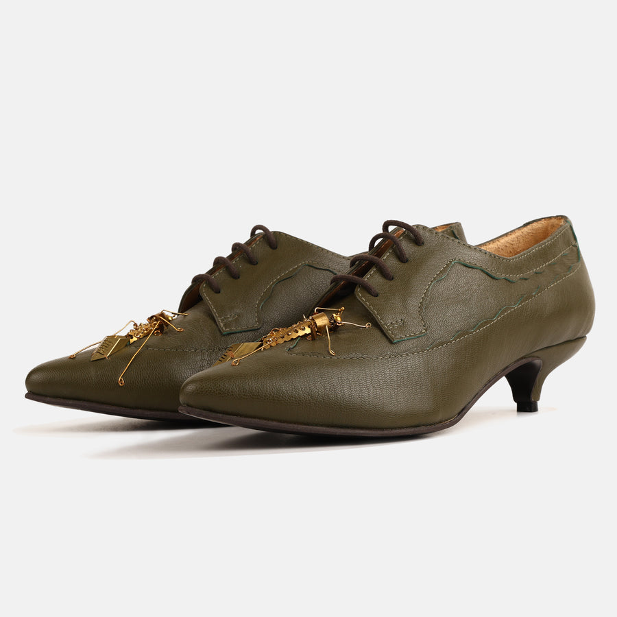Olive Green Insect Kitten Heel Mules
