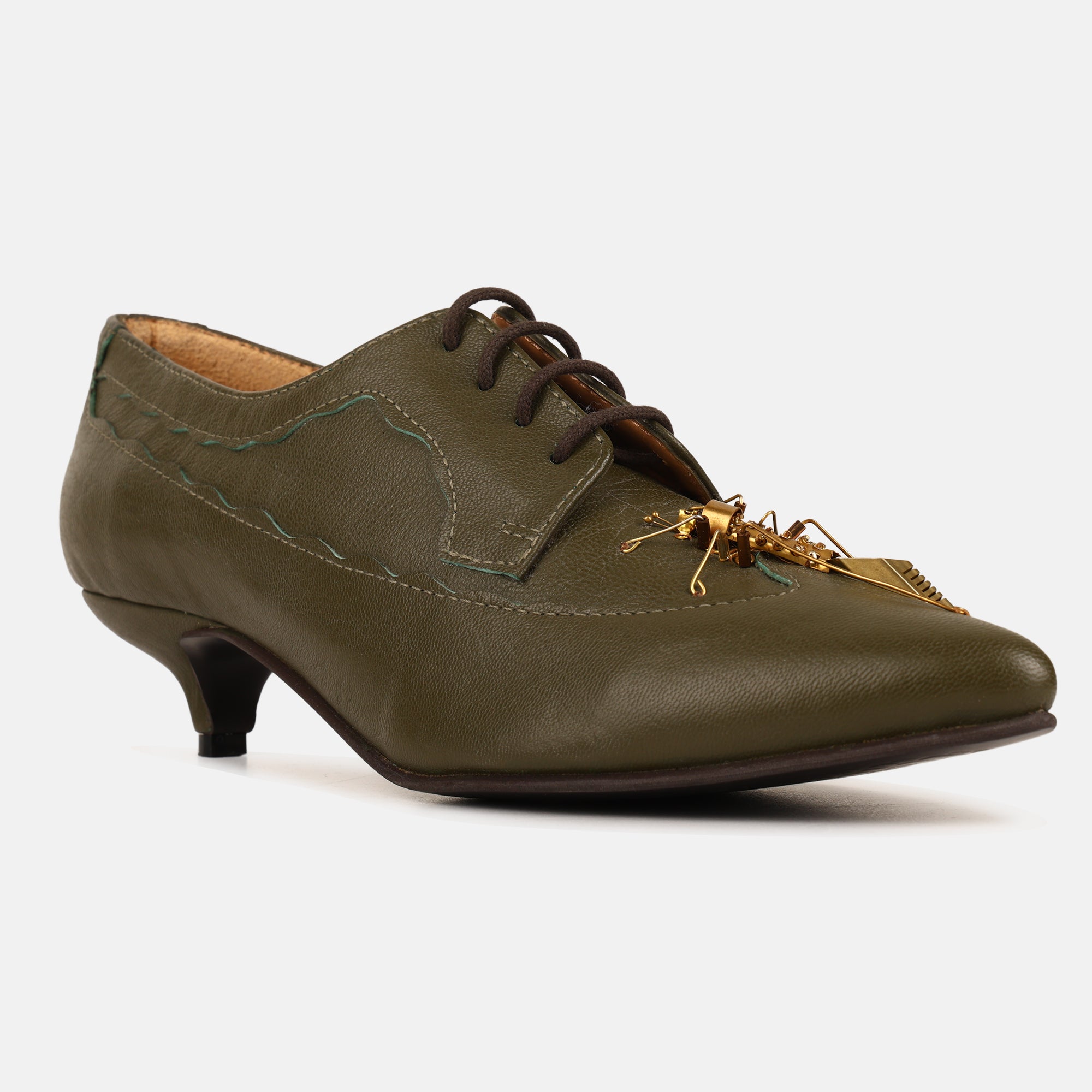 Olive Green Insect Kitten Heel Mules