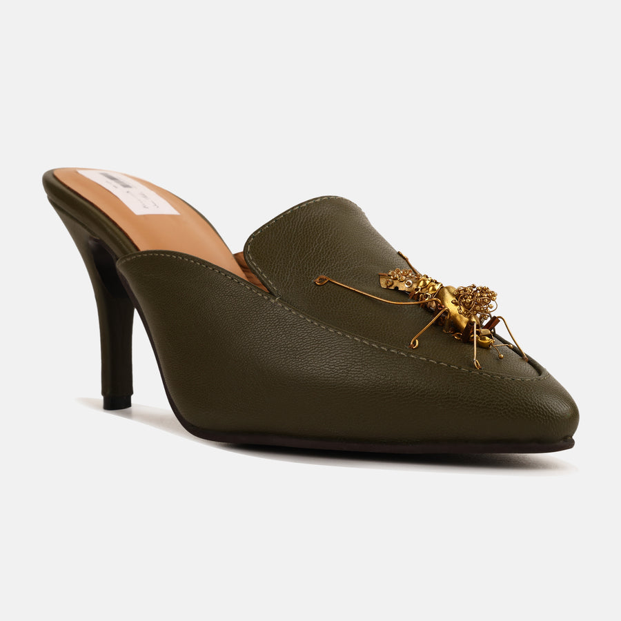 Olive Green Insect Mule Heels