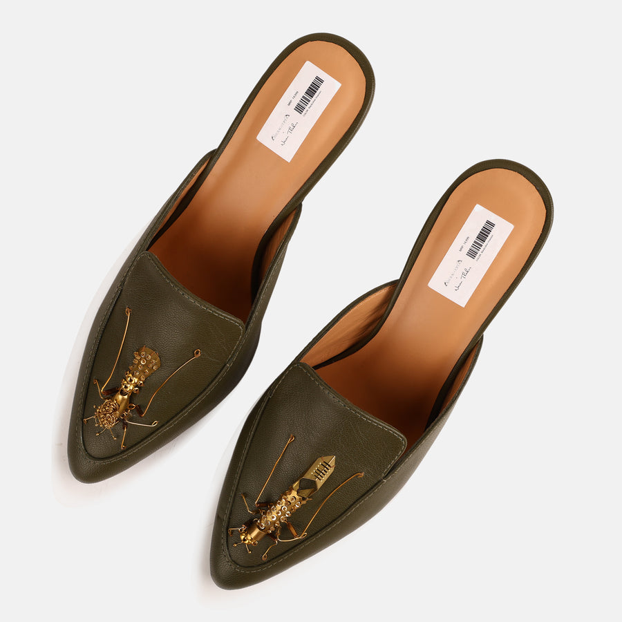 Olive Green Insect Mule Heels