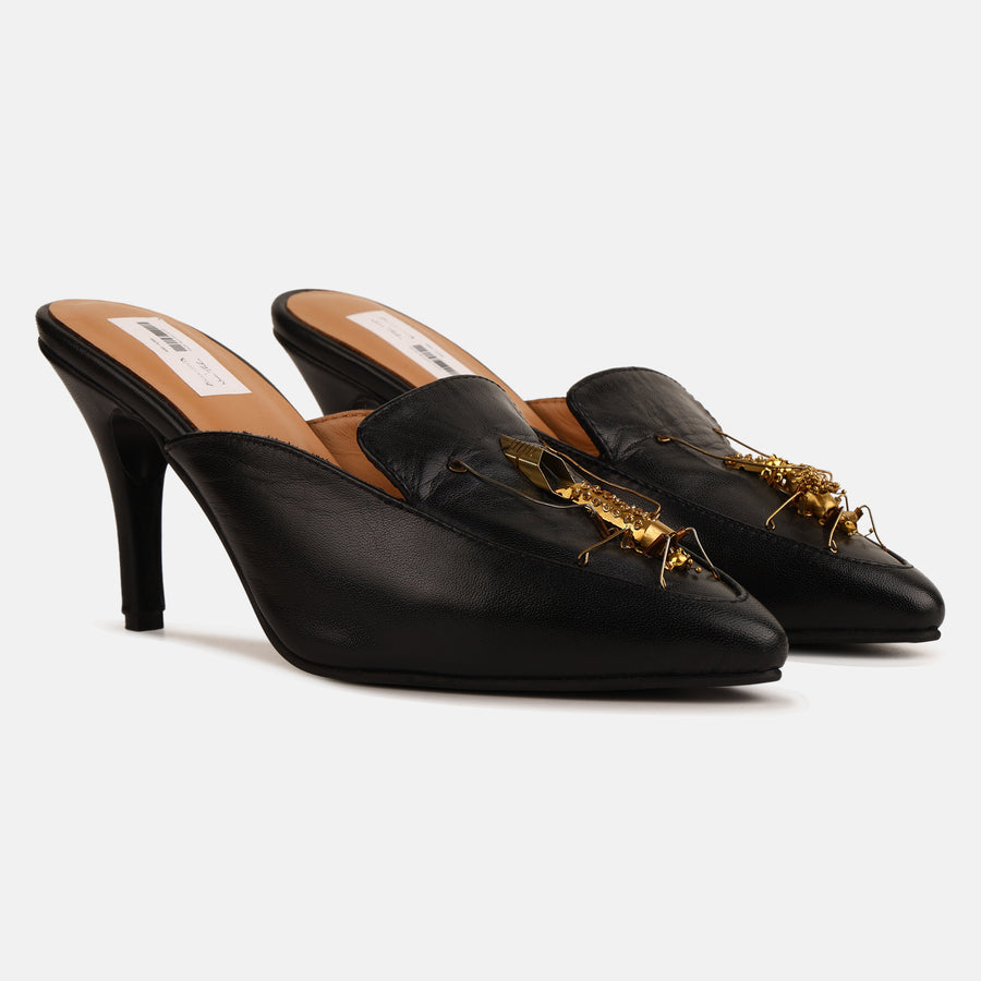 Black insect mule heels