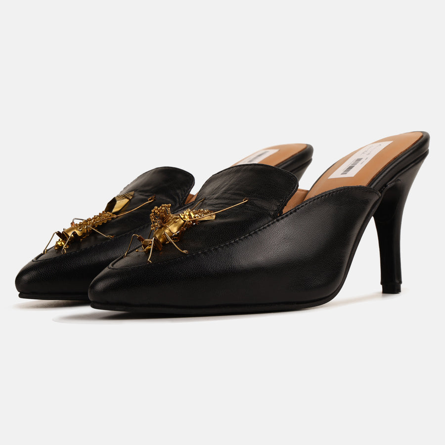 Black insect mule heels