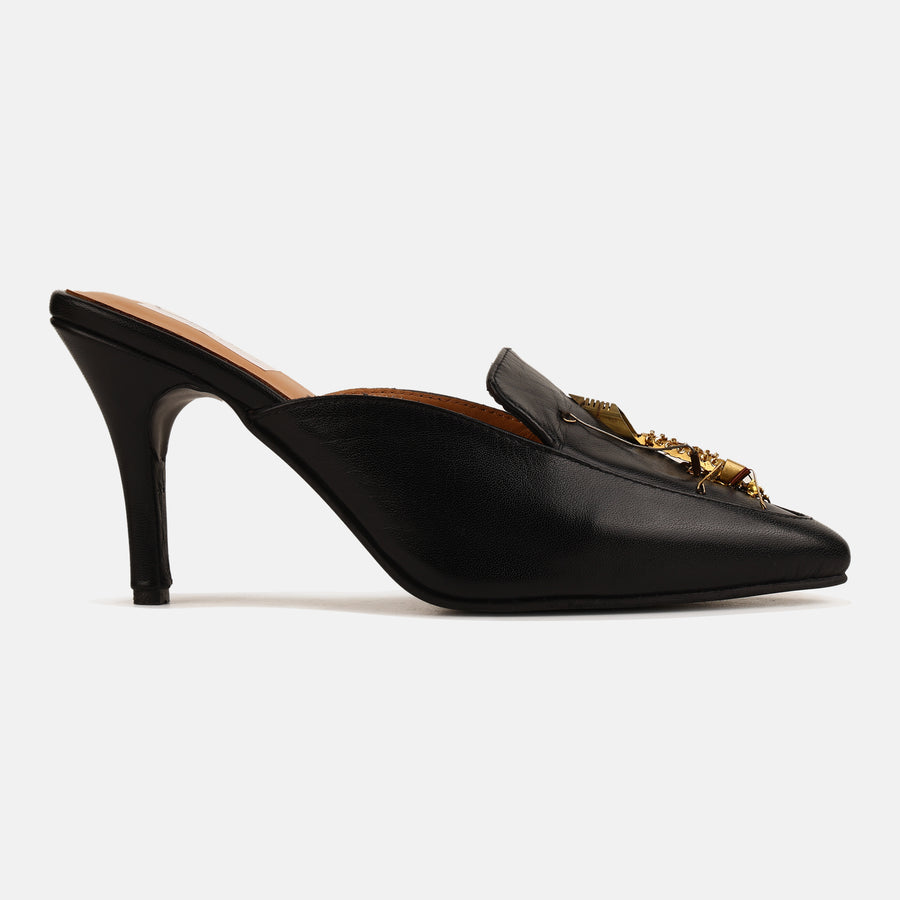 Black insect mule heels