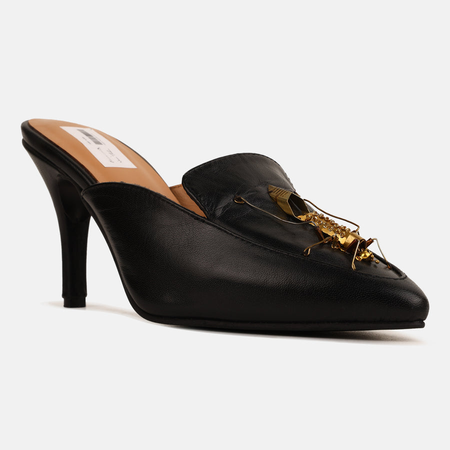 Black insect mule heels