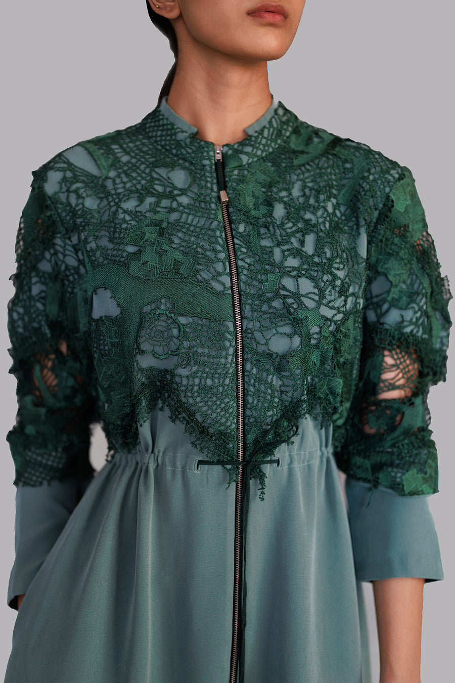 Green Map Embroidery Long Dress