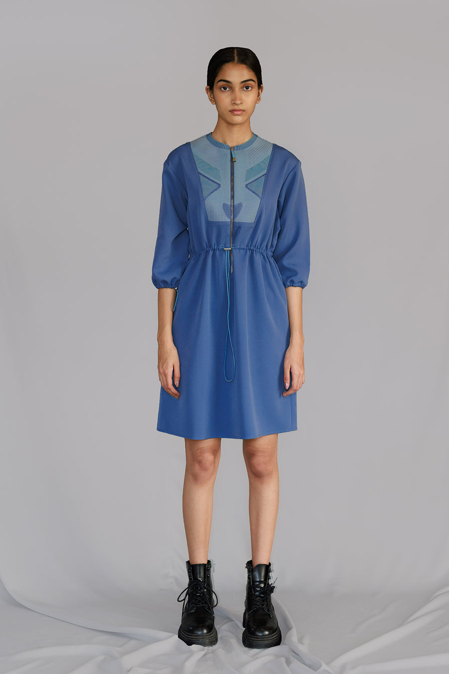 Blue Knitted Panel Short Dress