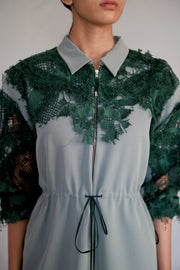 Green Map Embroidery Short Dress