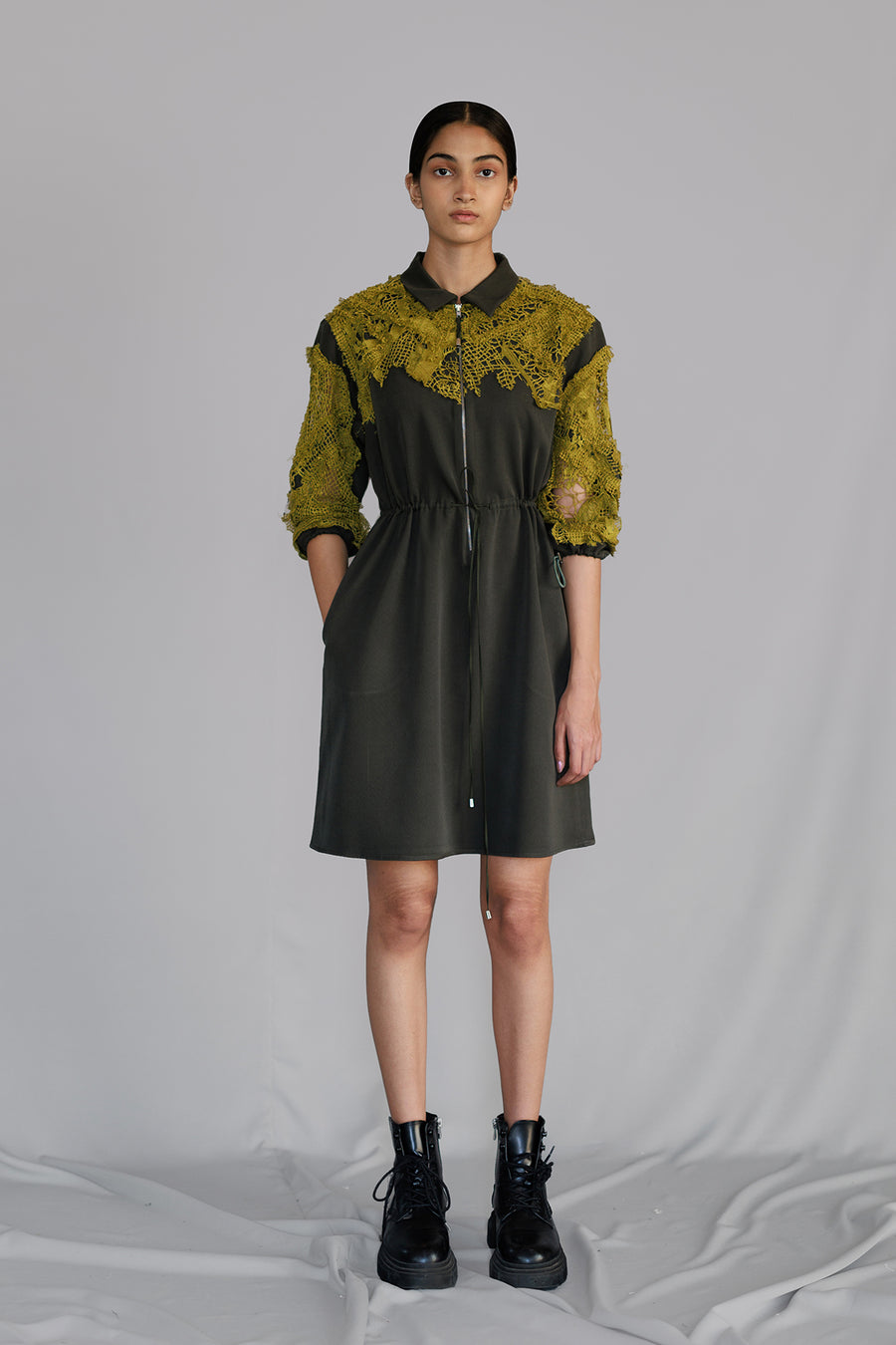 Yellow Map Embroidery Short Dress