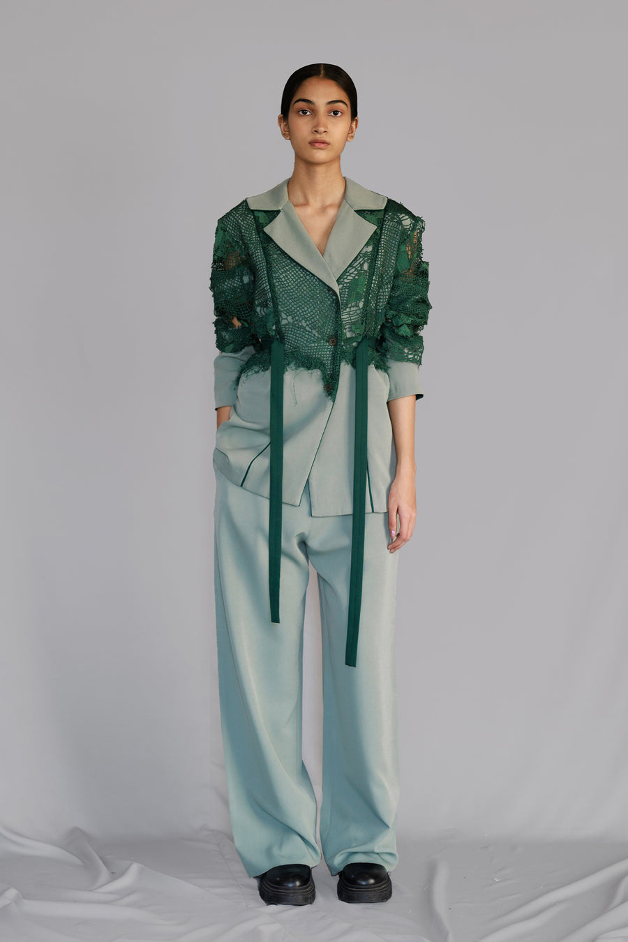 Green Map Embroidery Coat Set