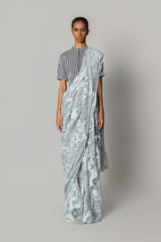 Grey Map Saree with Strip Blouse