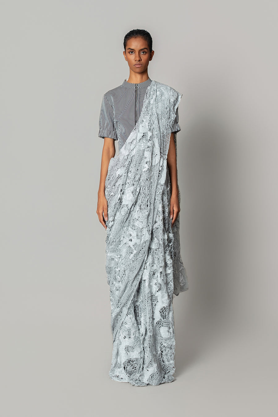 Grey Map Saree with Strip Blouse