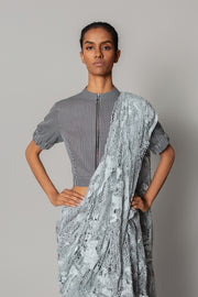 Grey Map Saree with Strip Blouse