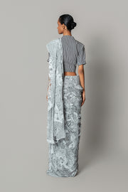 Grey Map Saree with Strip Blouse