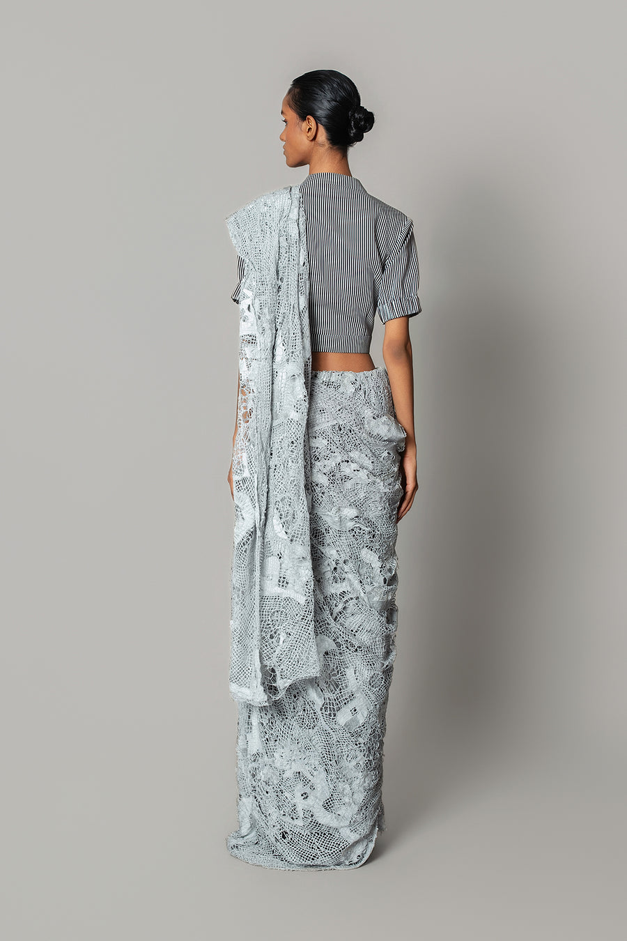 Grey Map Saree with Strip Blouse