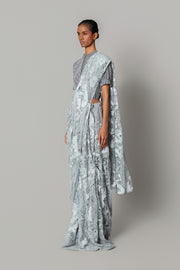 Grey Map Saree with Strip Blouse