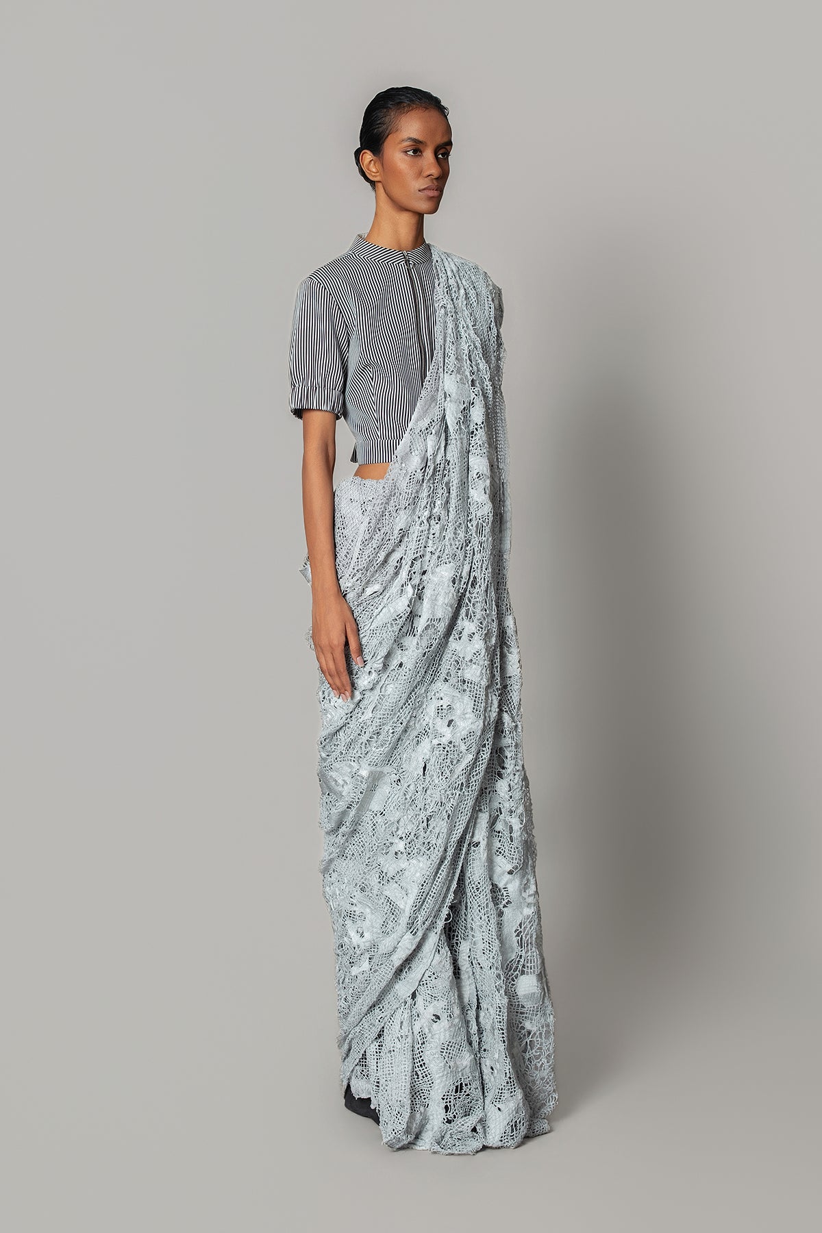 Grey Map Saree with Strip Blouse