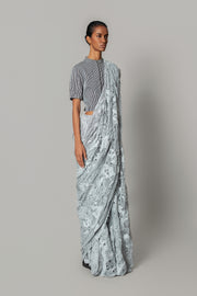 Grey Map Saree with Strip Blouse