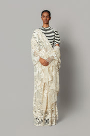 Off-White Map Saree with Knitted Strip Blouse