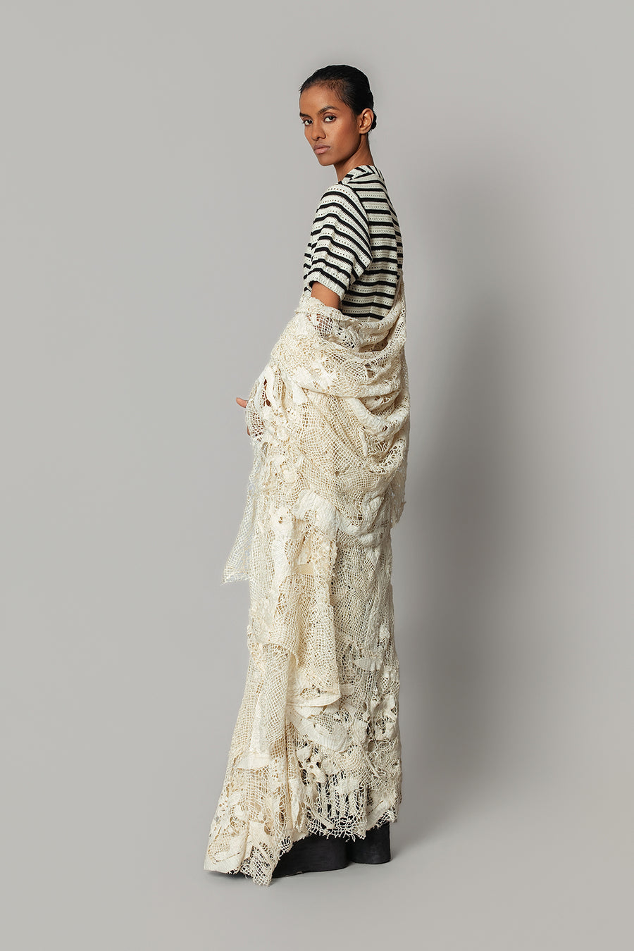 Off-White Map Saree with Knitted Strip Blouse