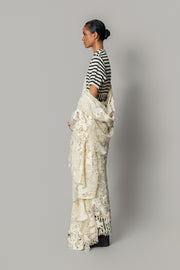 Off-White Map Saree with Knitted Strip Blouse