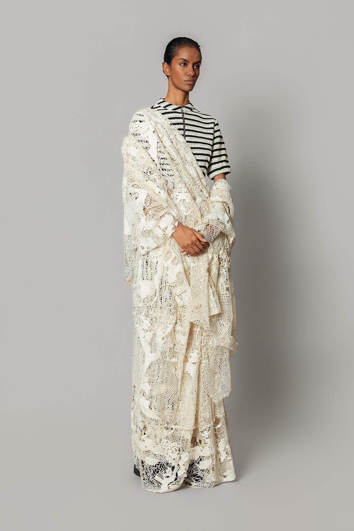 Off-White Map Saree with Knitted Strip Blouse