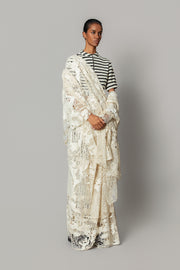Off-White Map Saree with Knitted Strip Blouse