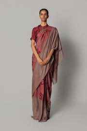 Red Map Saree with Strip Blouse