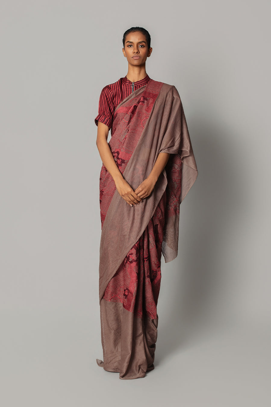 Red Map Saree with Strip Blouse