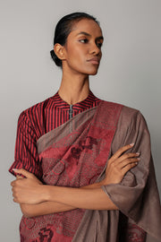Red Map Saree with Strip Blouse