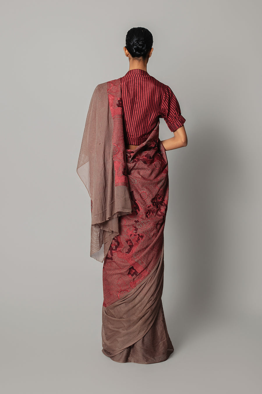 Red Map Saree with Strip Blouse