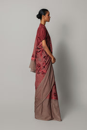 Red Map Saree with Strip Blouse
