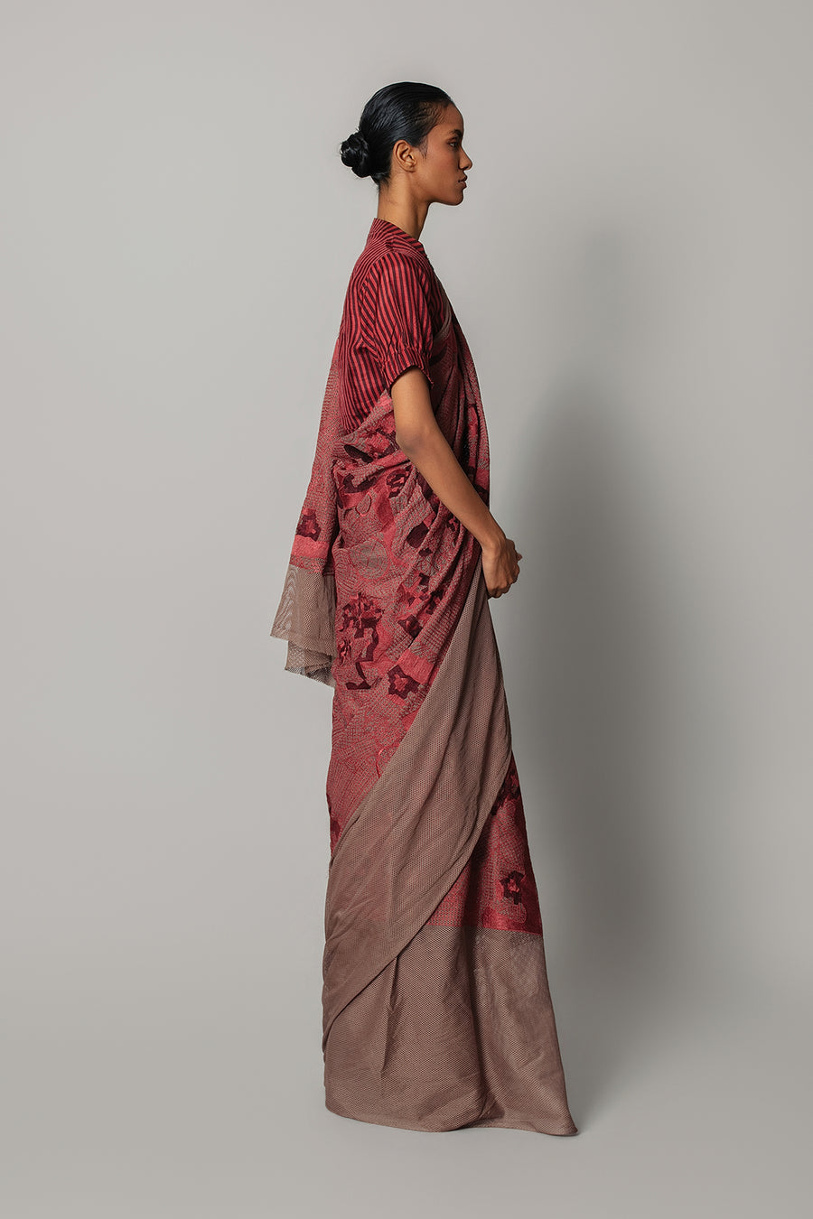 Red Map Saree with Strip Blouse