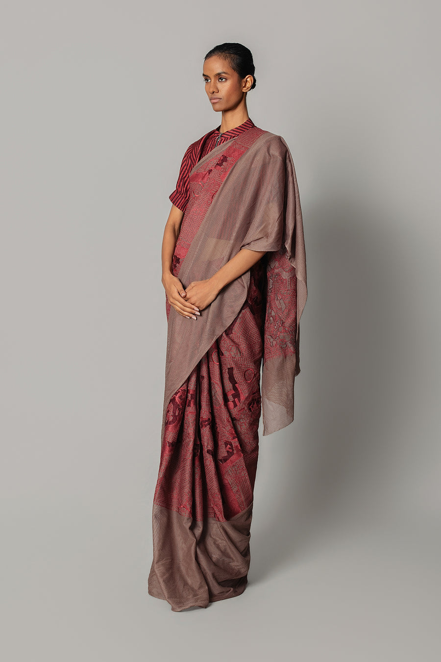Red Map Saree with Strip Blouse