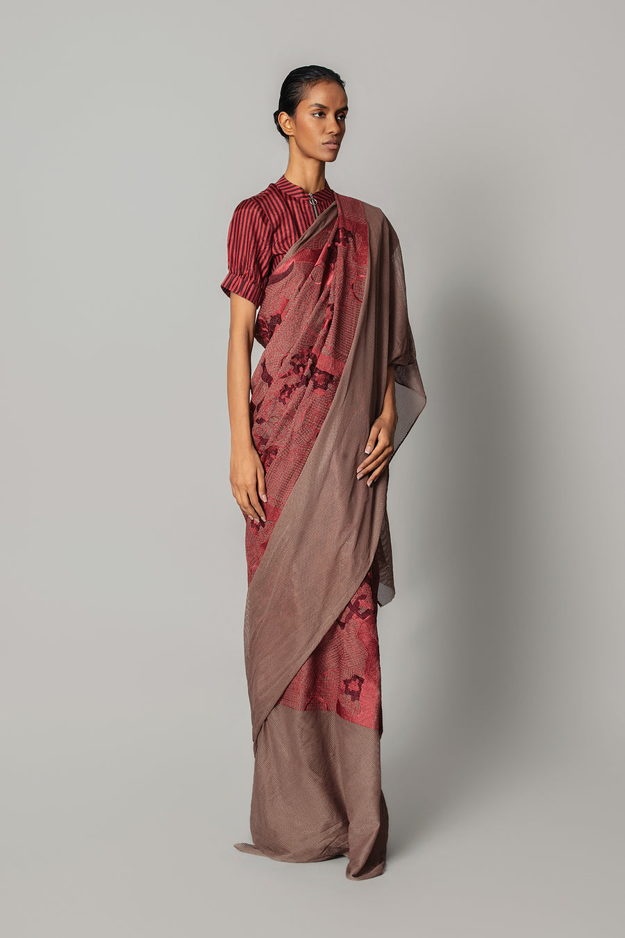 Red Map Saree with Strip Blouse