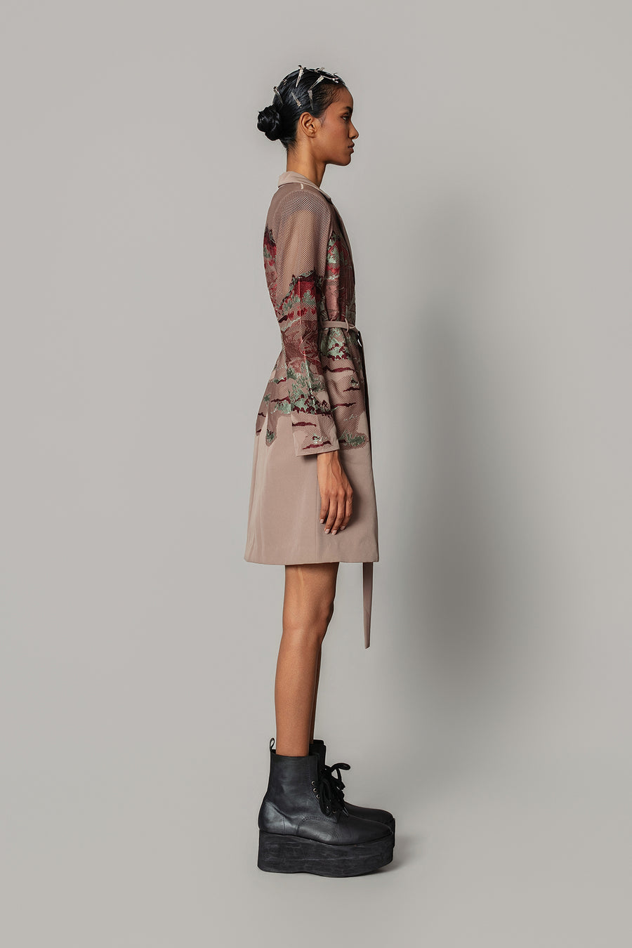 Brown Hokusai Embroidered Coat Dress