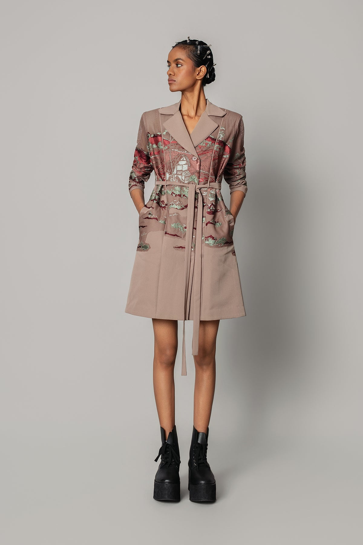 Brown Hokusai Embroidered Coat Dress