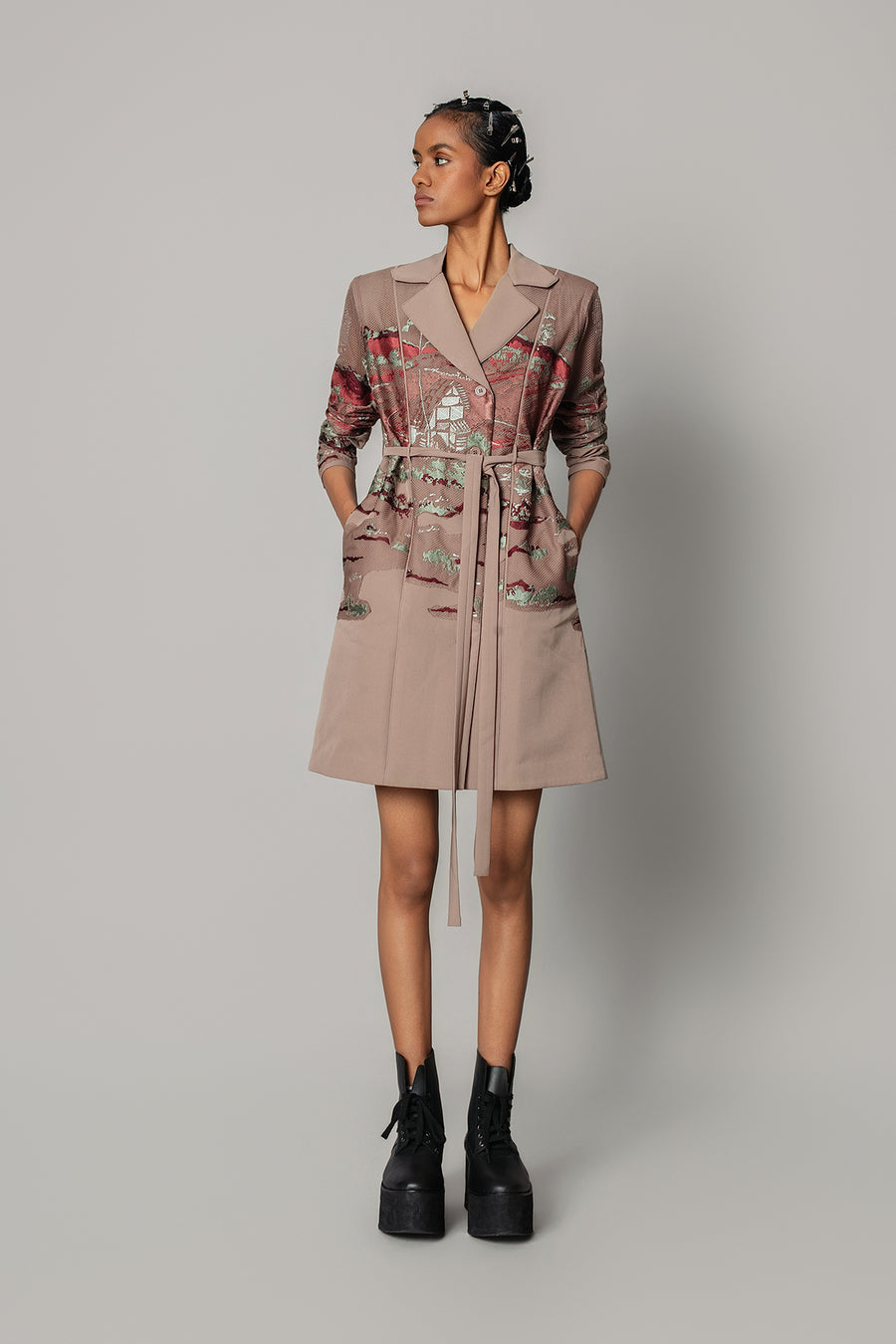 Brown Hokusai Embroidered Coat Dress