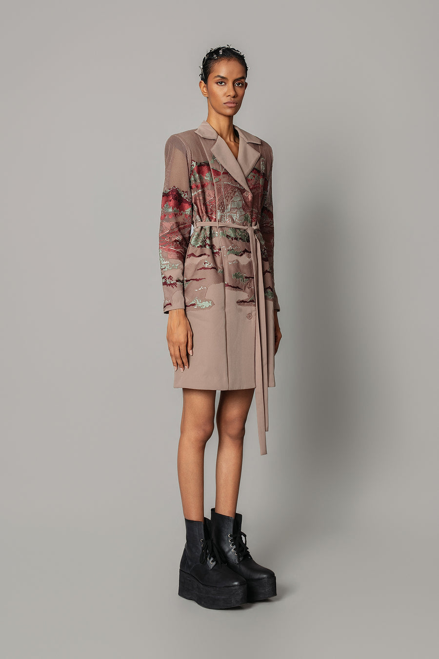 Brown Hokusai Embroidered Coat Dress