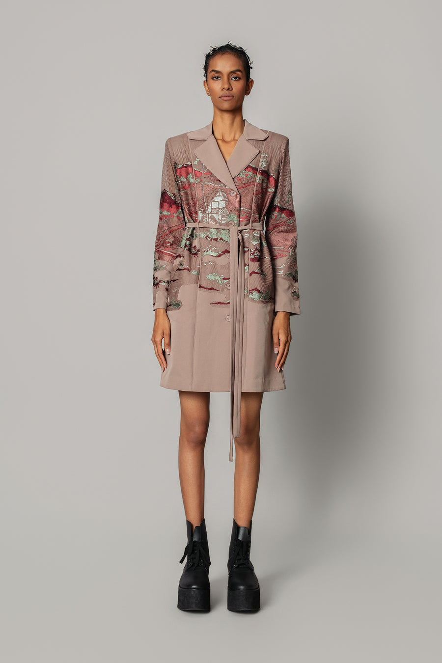 Brown Hokusai Embroidered Coat Dress