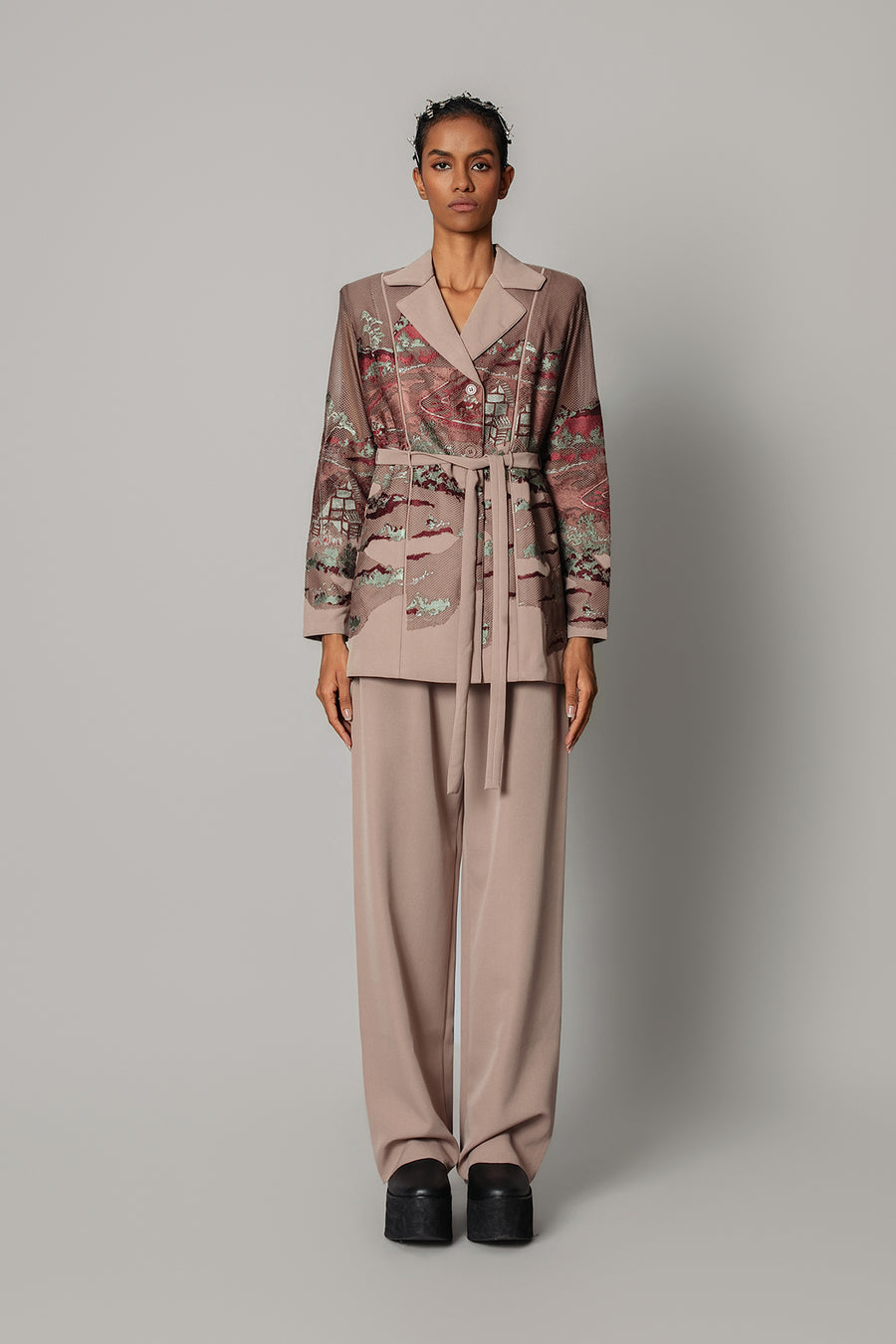 Brown Hokusai Embroidered Coat Set