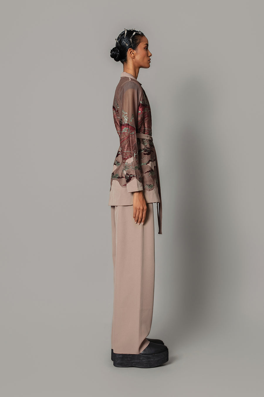 Brown Hokusai Embroidered Coat Set