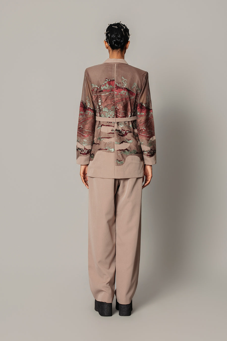Brown Hokusai Embroidered Coat Set