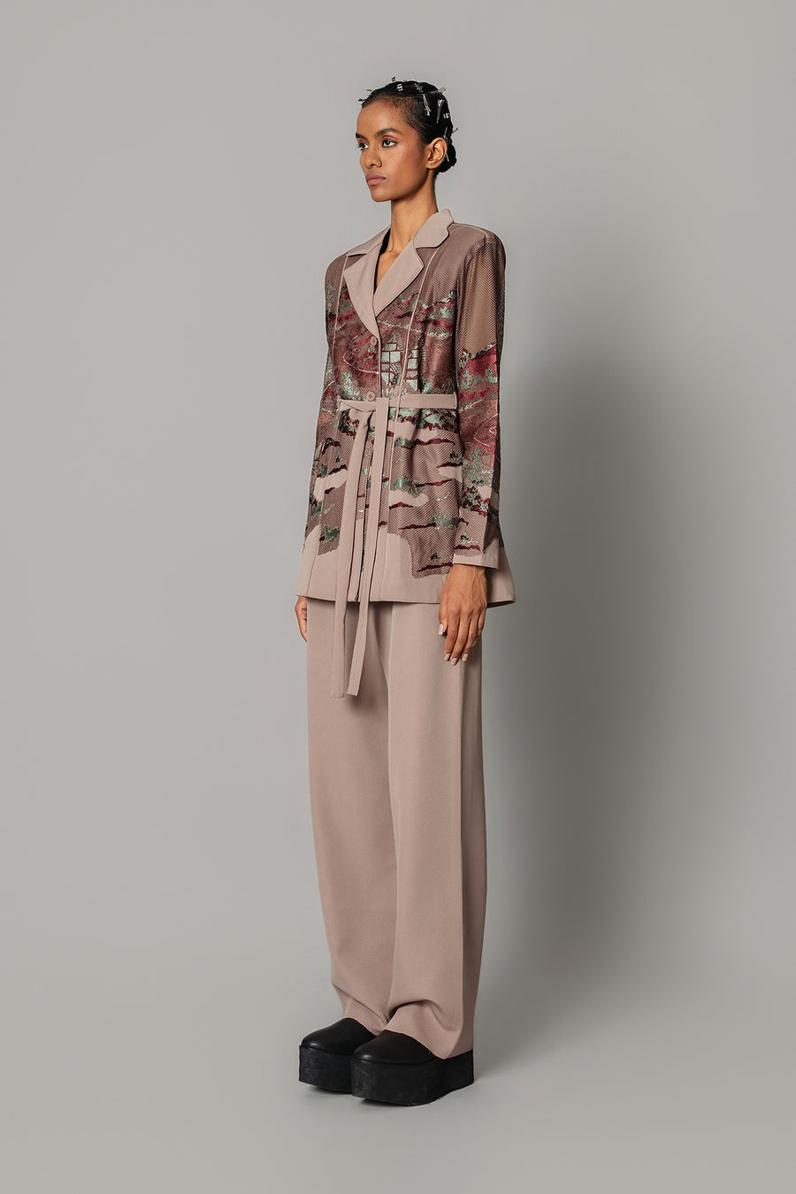Brown Hokusai Embroidered Coat Set