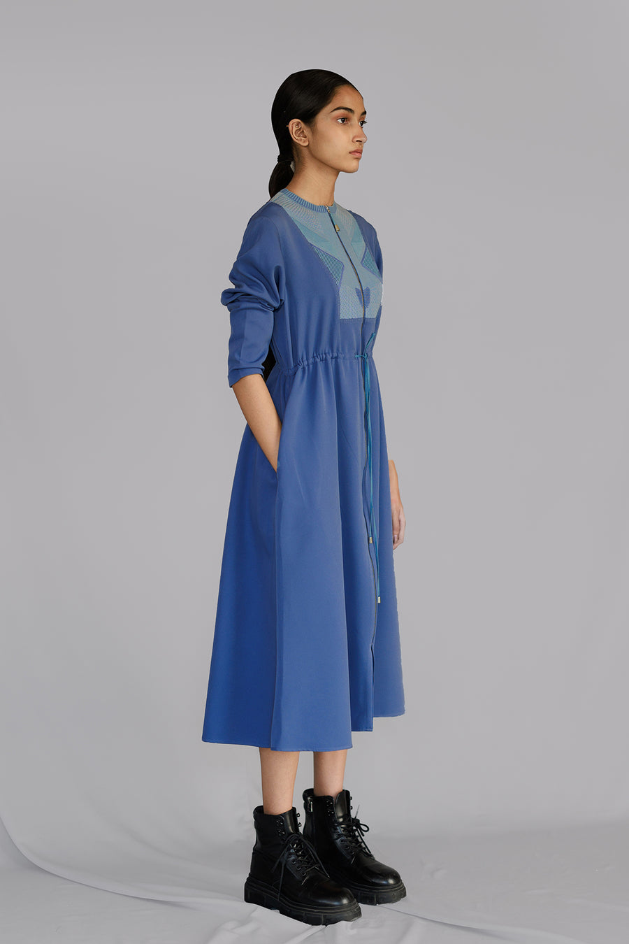 Blue Knitted Panel Long Dress