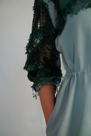 Green Map Embroidery Short Dress