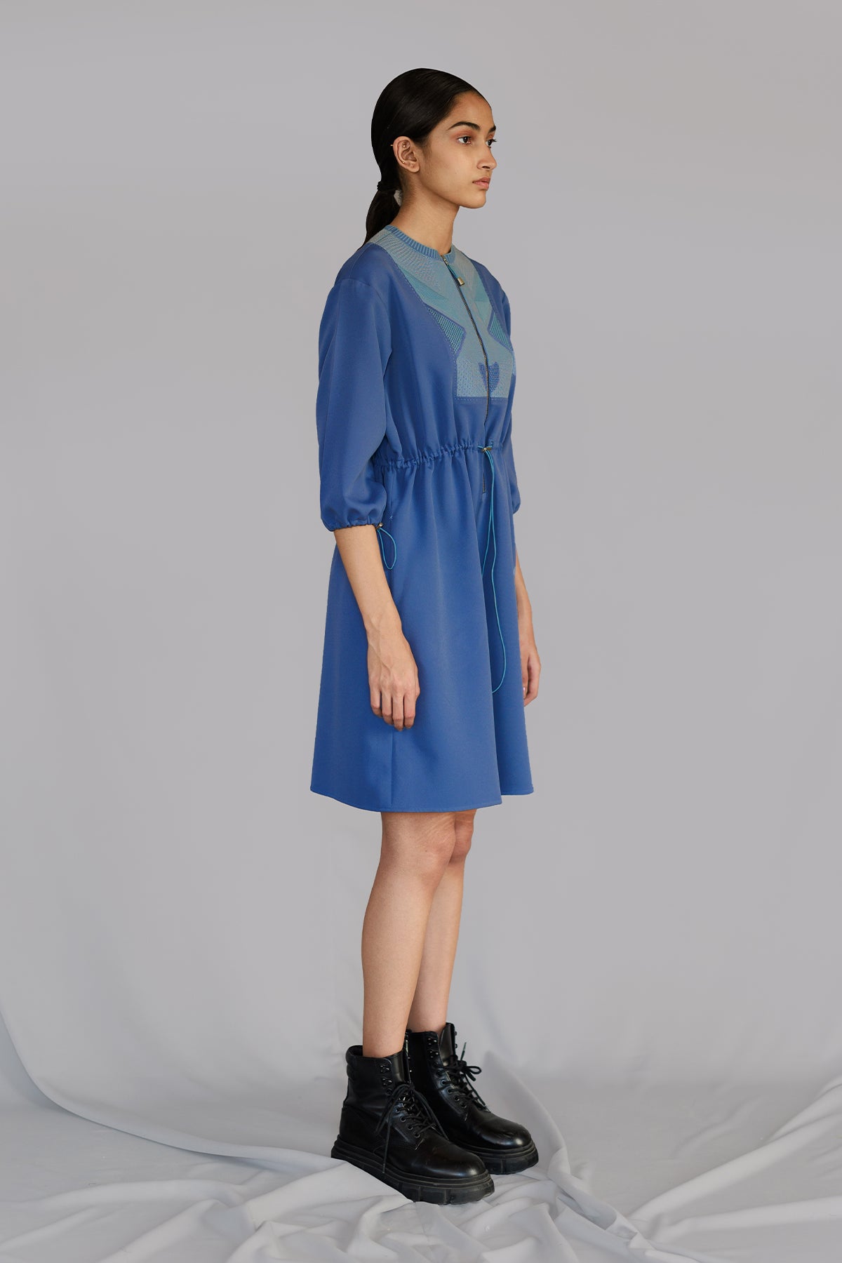 Blue Knitted Panel Short Dress