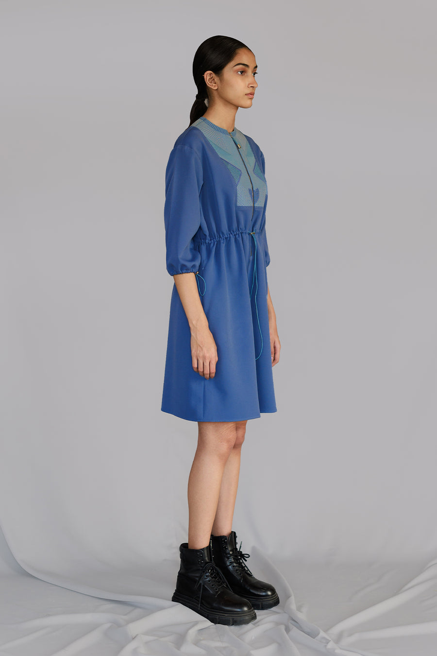 Blue Knitted Panel Short Dress