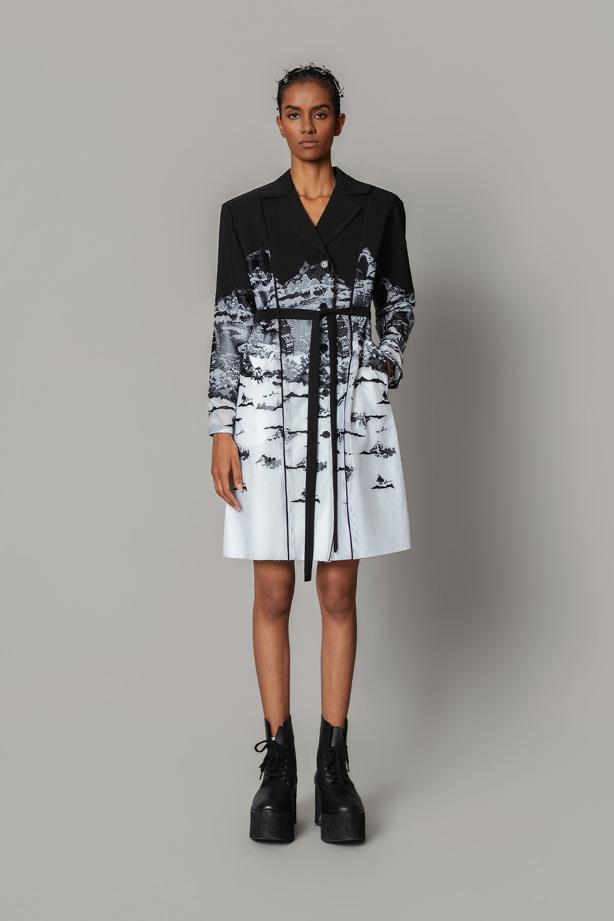 B&W Hokusai Embroidered Coat Dress